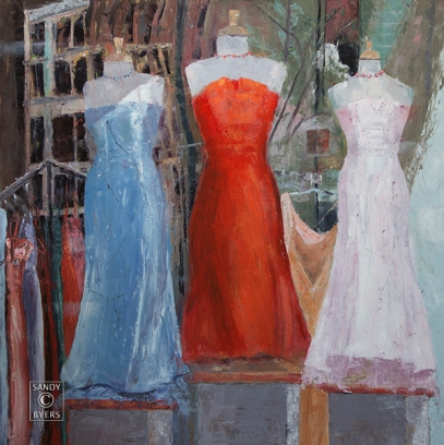 SOLD. Evening Wear $2800 (36x36 oil, gallery wrap). elegance reflected in shop windows and dreams of a night well-dressed.